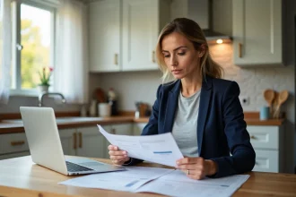Femme propriétaire consultant une évaluation immobilière en ligne pour vendre sa maison rapidement