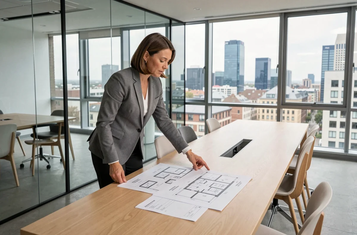 Experte immobilière présentant des documents d'expertise et des plans de propriété dans un bureau moderne avec vue sur la ville