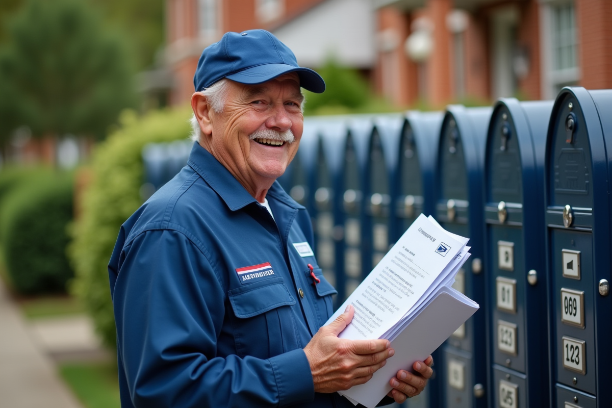 Facteur âgé avec boîtes aux lettres dans un quartier résidentiel