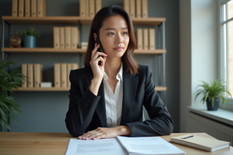 Femme d'affaires au bureau parlant au téléphone