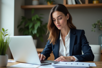 Femme en costume d'affaires examinant des documents immobiliers