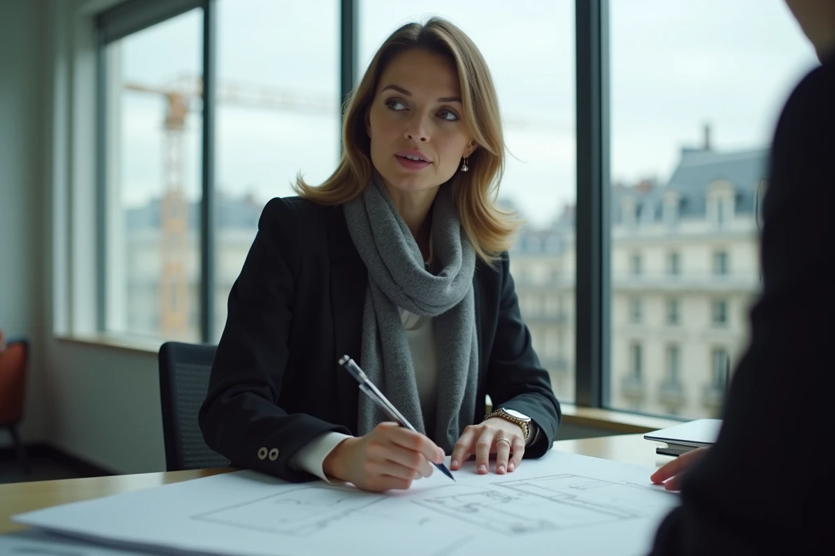 Femme d affaires discutant plans dans un bureau parisien