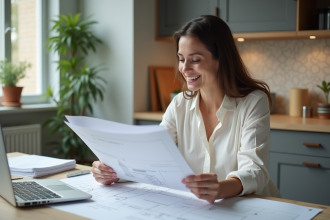 Femme souriante regardant des plans de rénovation dans la cuisine