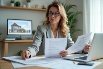 Femme professionnelle analysant un devis de visite virtuelle immobilière à son bureau avec documents et ordinateur portable