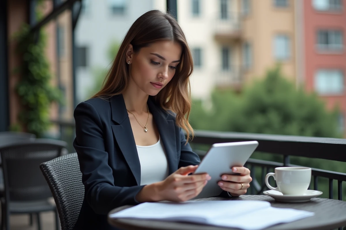 Jeune femme vérifiant ses investissements au café