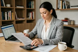 Femme consultant des documents de prêt immobilier à son bureau pour emprunter 200 000 euros