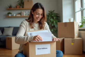 Femme souriante déposant du courrier dans une boîte à déménagement
