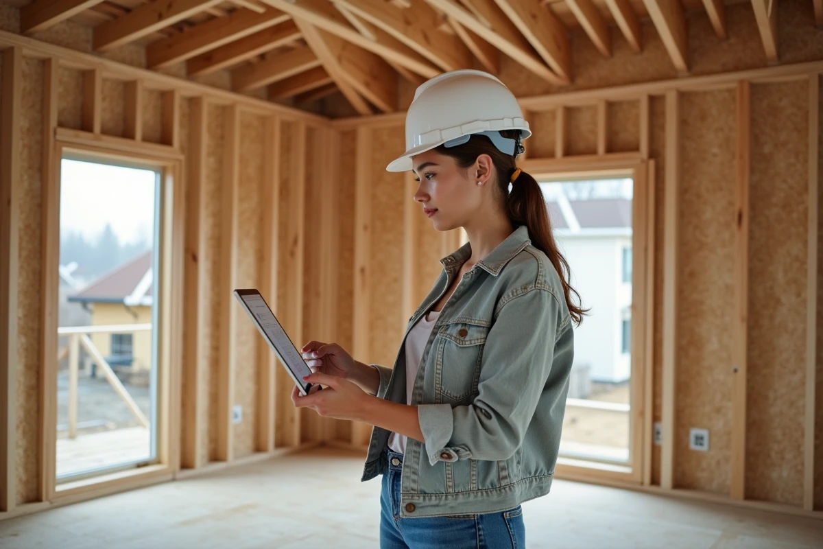 Jeune femme utilisant une tablette dans une maison en bois