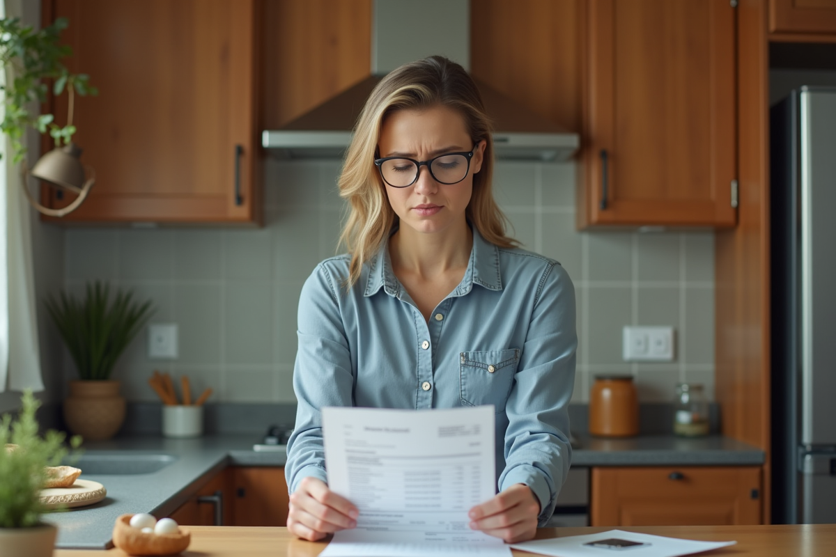 Femme d'âge moyen examinant une facture de location dans sa cuisine