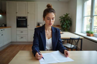 Femme en blazer bleu examinant un contrat de location