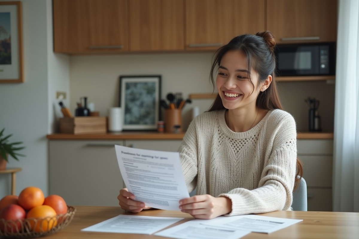Femme assise à la table vérifiant des documents d'assurance