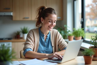 Femme souriante examine ses documents de prêt immobilier