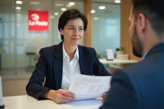Une femme examinant des documents de crédit immobilier La Poste avec un conseiller bancaire dans une agence moderne