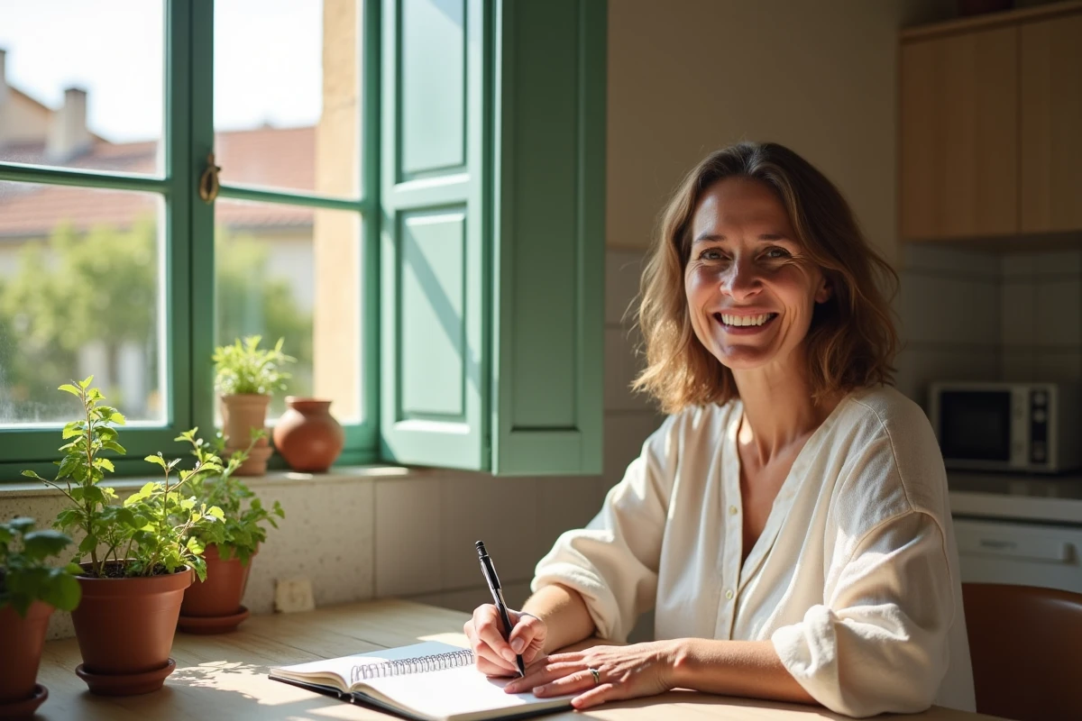Femme écrivant dans une cuisine ensoleillée à Béziers