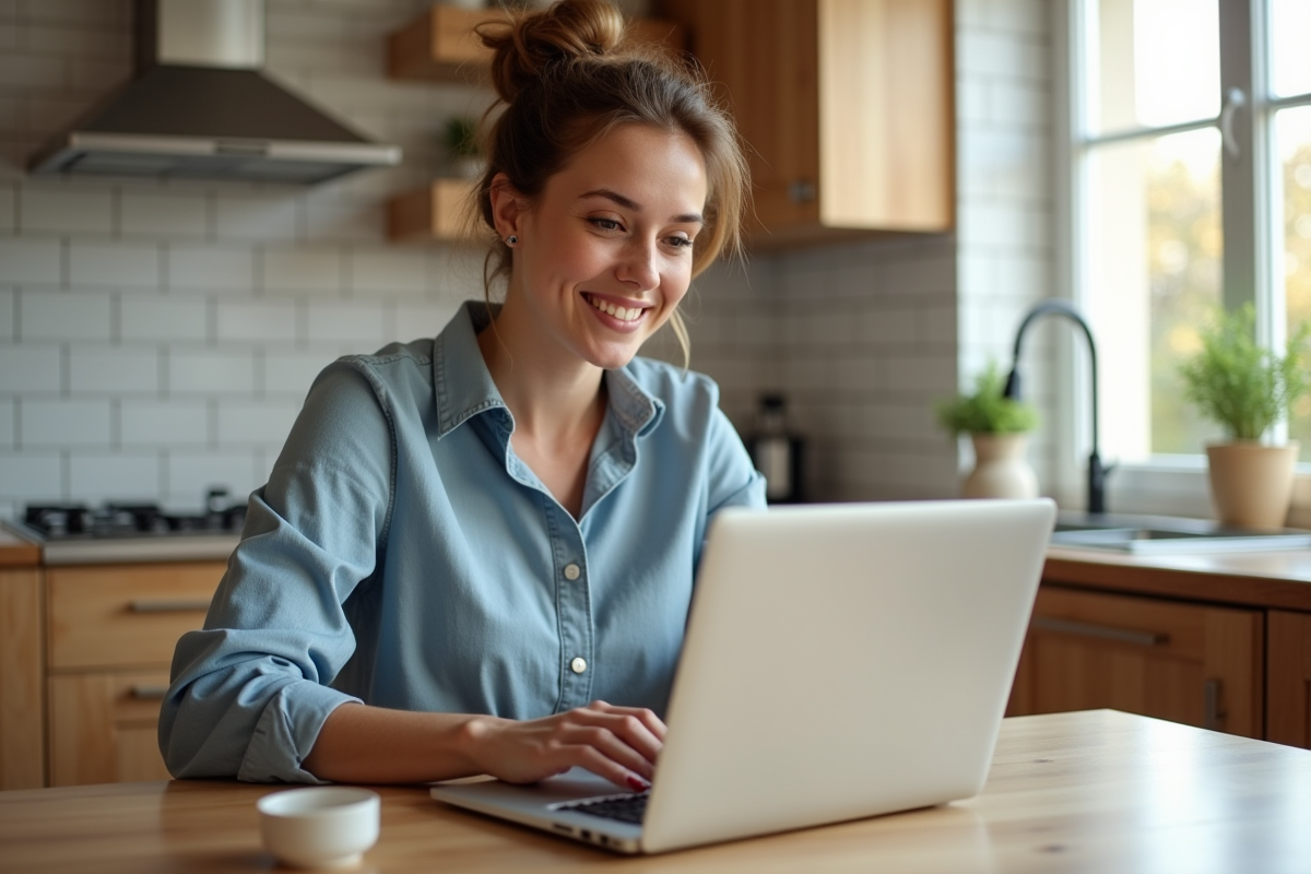 Jeune femme souriante utilisant un ordinateur portable à la maison