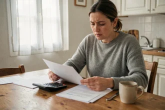 Femme examinant des documents de loyer et d'aide au logement CAF dans un appartement modeste