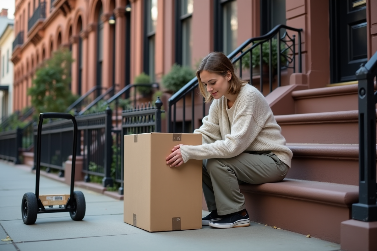 Femme emballant une caisse sur les escaliers extérieurs d