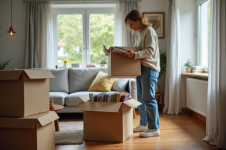 Femme moyenne âge emballant des livres dans une boîte en carton dans son salon