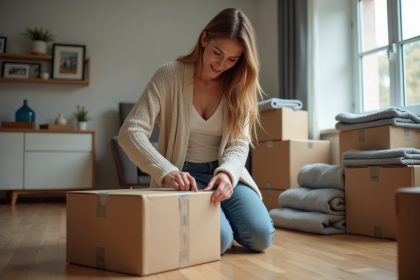 Femme emballant une boîte de déménagement dans un salon cosy