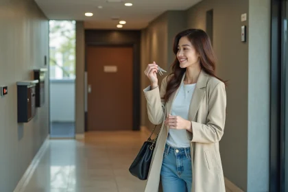 Jeune femme d'affaires devant un immeuble résidentiel