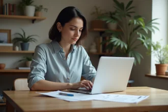 Femme d age moyen consulte estimations immobilières à la maison