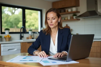 Femme d age moyen en immobilier consulte documents