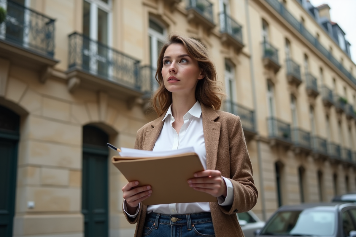 Jeune femme avec dossier immobilier dans une rue historique