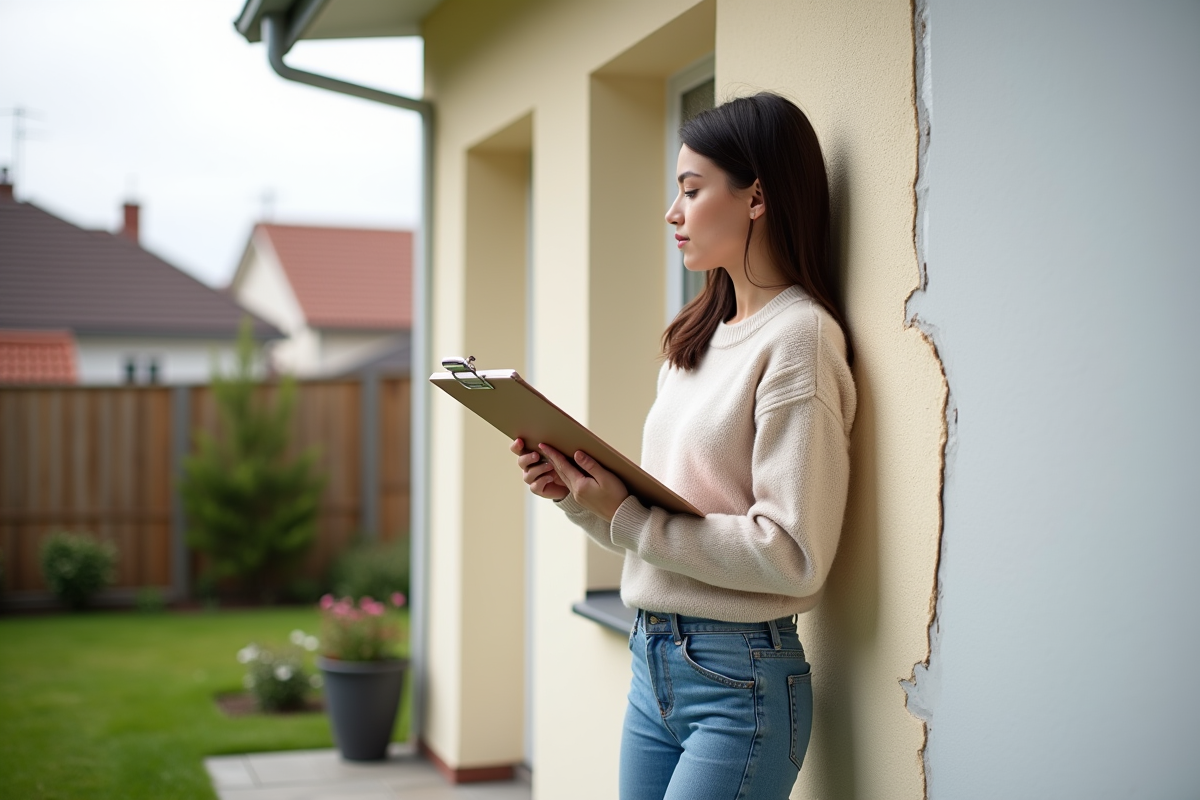Jeune femme inspectant l’isolation extérieure de sa maison