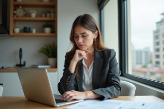 Jeune femme concentrée sur documents d'investissement immobilier