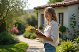 Femme souriante dans un jardin près d'une maison de location