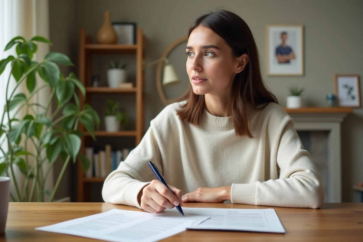 Femme lisant un contrat de location dans un salon lumineux