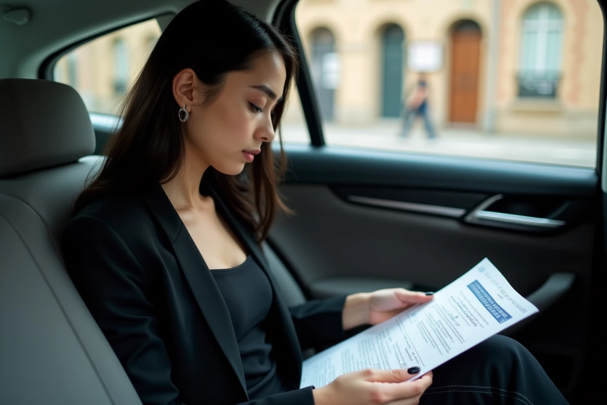 Jeune femme lisant un document dans une voiture moderne à Limoges