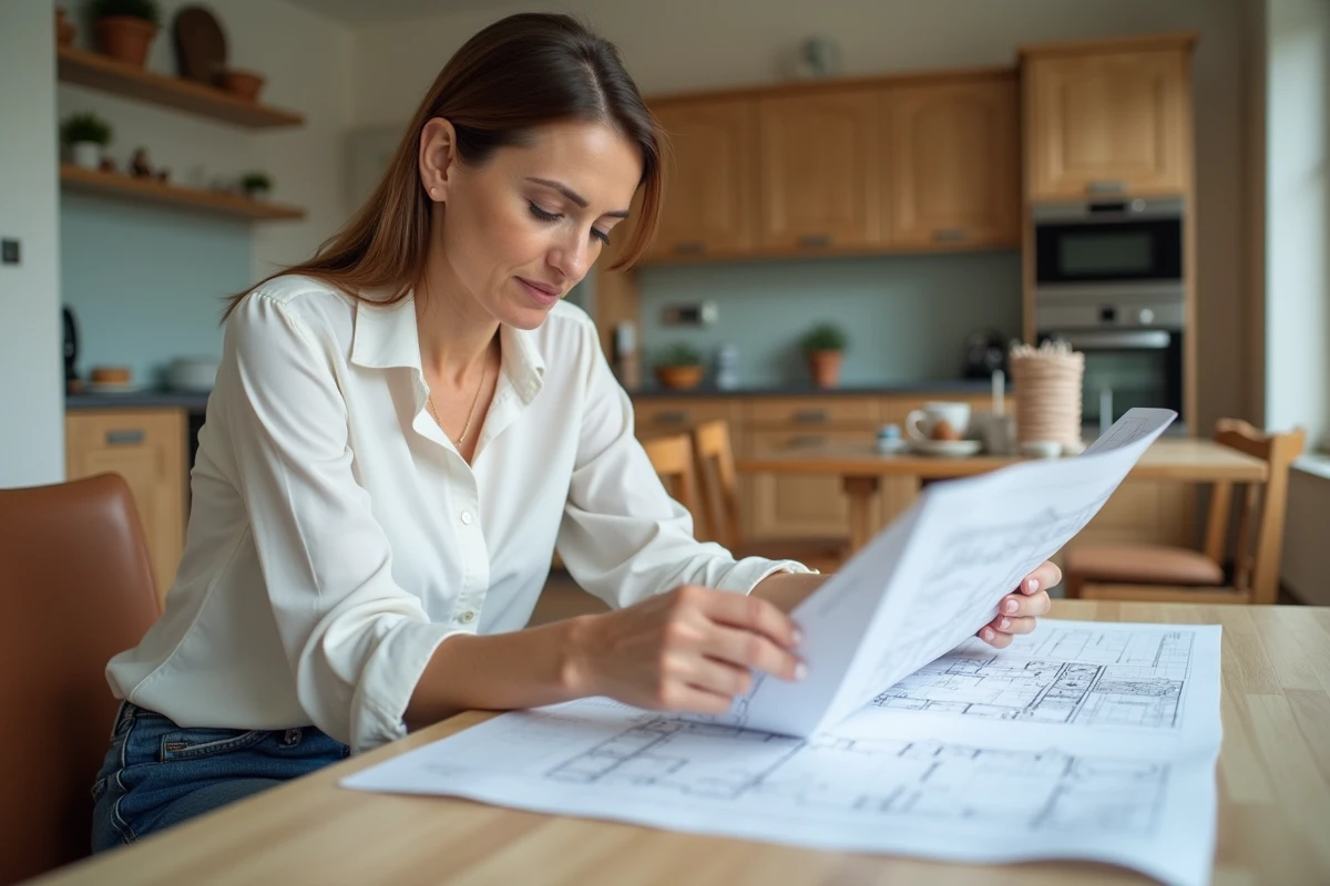 Femme en blouse blanche examine des plans de maison