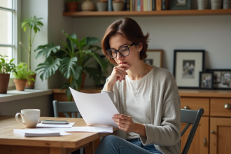 Femme d'âge moyen lisant des papiers dans sa cuisine lumineuse