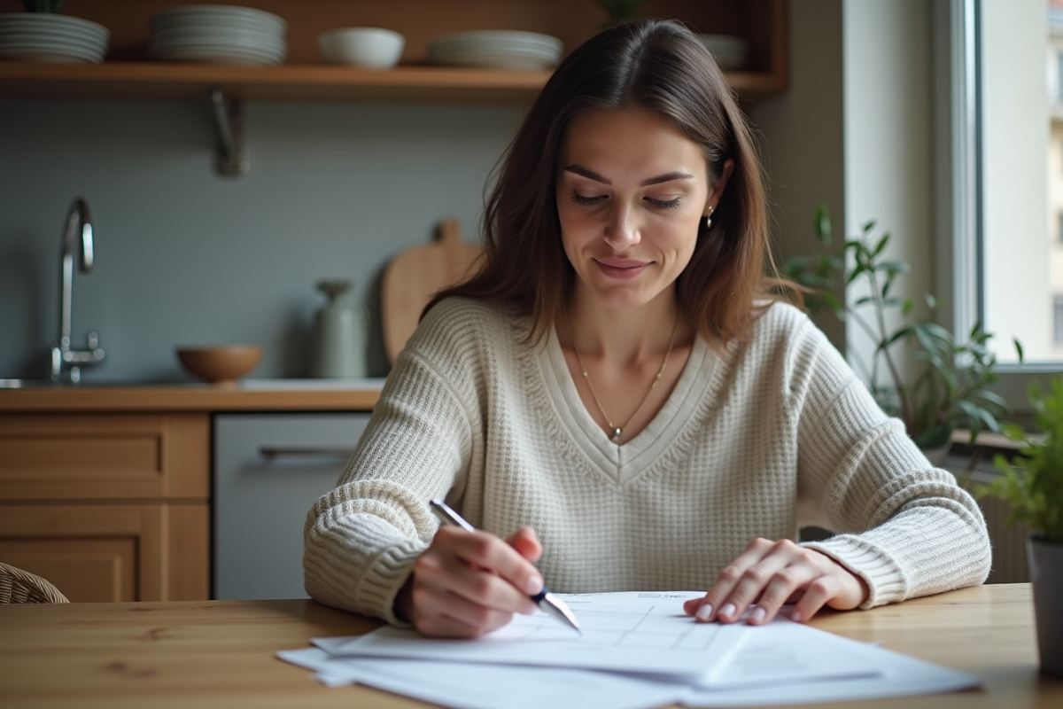Femme lisant des papiers de location dans un appartement parisien