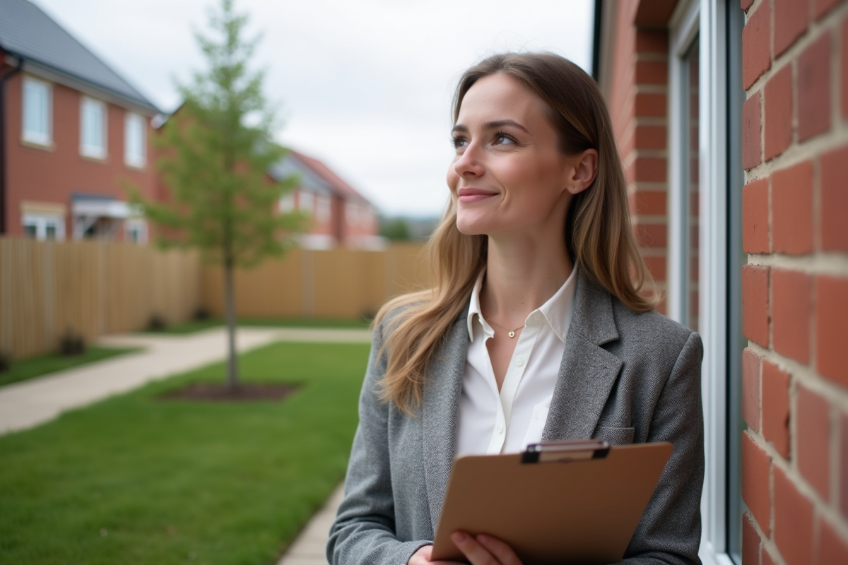 Jeune femme observant une maison neuve dans un environnement suburbain