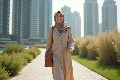 Femme en abaya beige dans la marina de Dubaï