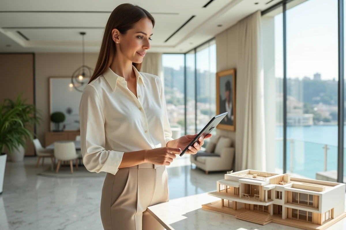 Femme d affaires avec maquette d immobilier de luxe