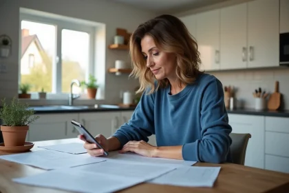 Femme concentrée sur son smartphone et documents à la maison