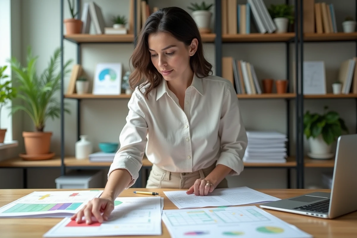 Femme organisée planifiant sur un bureau lumineux