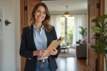 Femme souriante avec un classeur dans une maison moderne