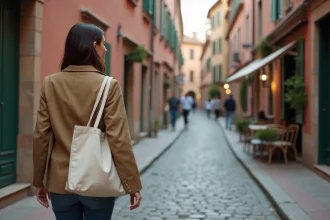 Femme marchant dans une rue piétonne du quartier des Carmes à Toulouse, entourée d'immeubles en briques roses et de commerces de proximité