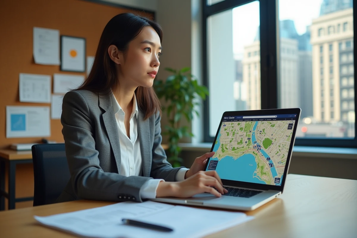 Jeune femme en blazer gris utilisant un ordinateur avec carte urbaine
