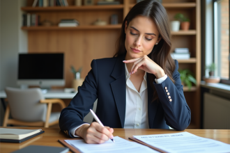 Femme professionnelle en bureau examinant documents de prêt immobilier