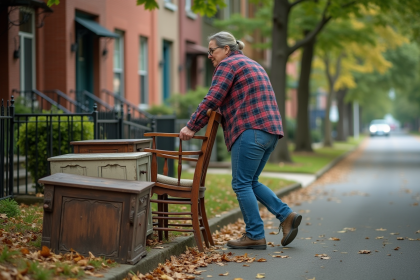 Femme d'âge moyen soulevant une vieille chaise en bois