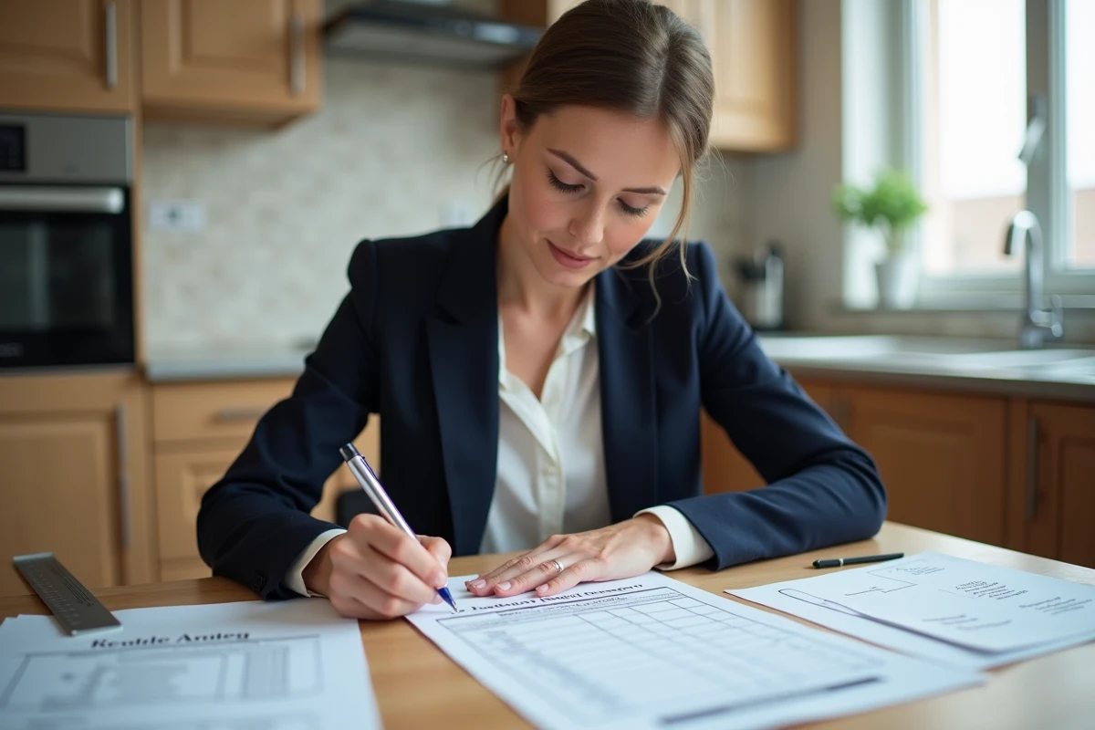 Femme remplissant un panneau de permis de construire posé sur une table avec des documents administratifs