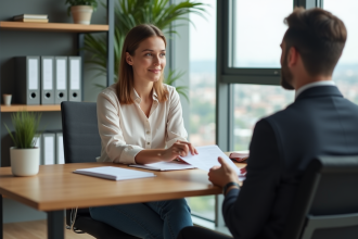 Jeune femme attentive lors d'une rencontre immobiliere