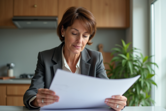 Femme d'âge moyen examinant des documents d'impôts à la maison
