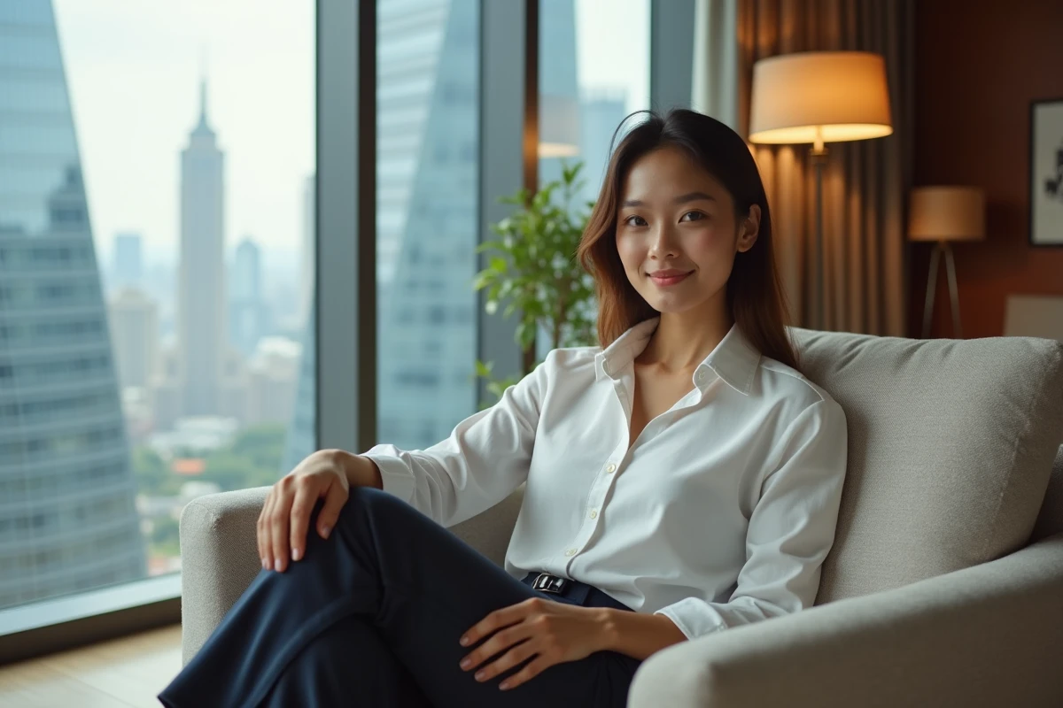 Femme en tenue décontractée dans un salon avec vue sur la ville