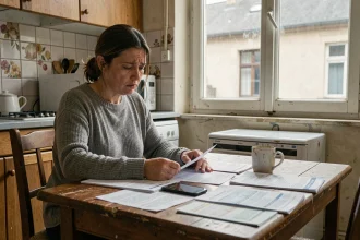 Femme au SMIC inquiète face à ses factures et loyers impayés dans une petite cuisine modeste